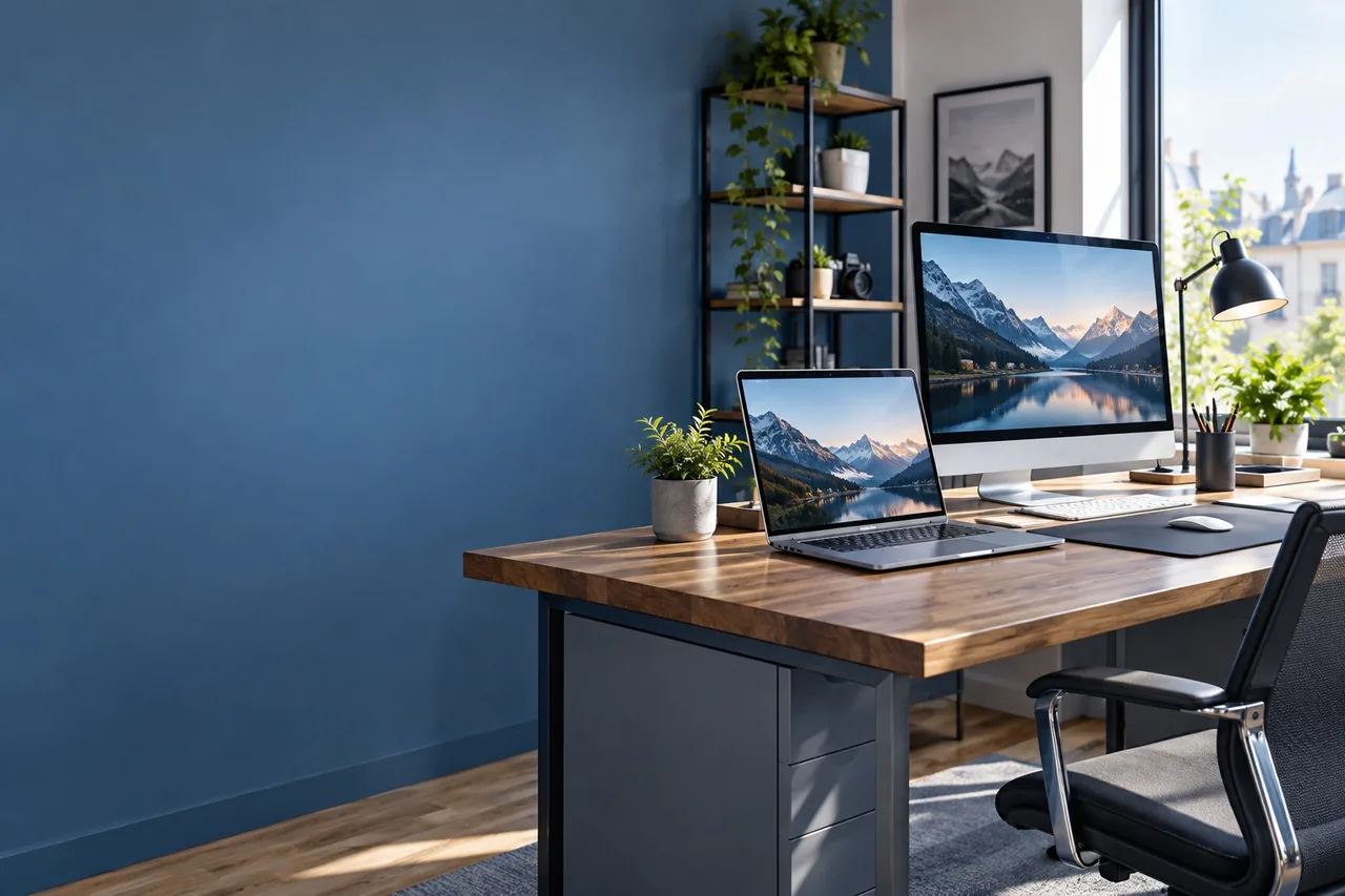 Un espace informatique lumineux, avec un ordinateur prêt à être utilisé — visuel d’illustration