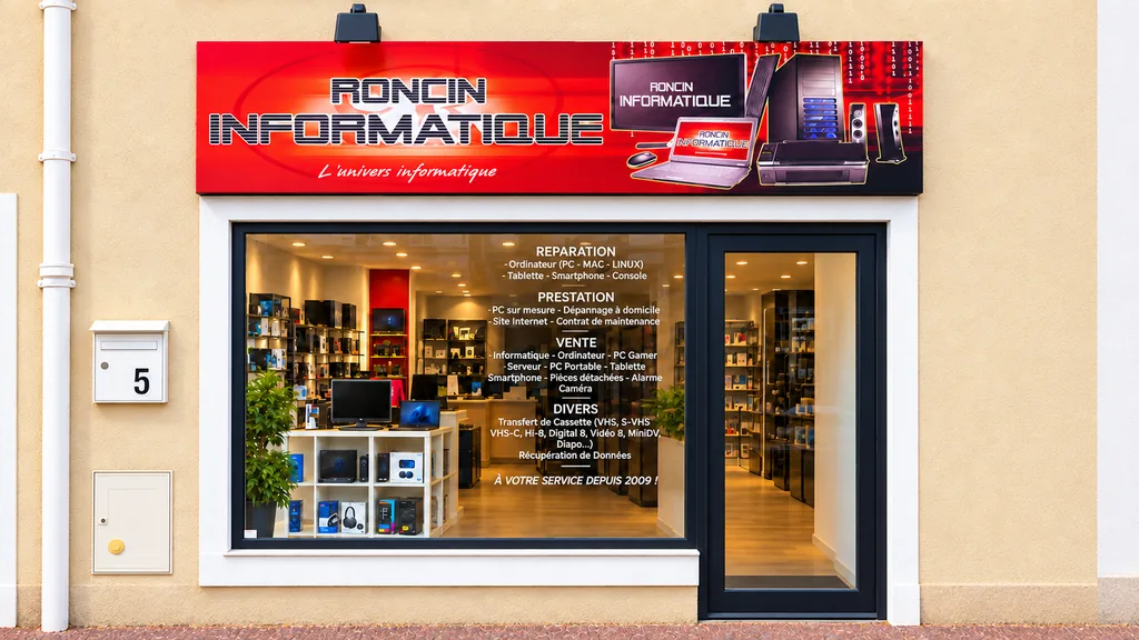 La devanture du magasin Roncin Informatique, 5 rue Boileau à Crosne