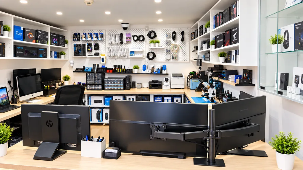 L’intérieur du magasin : rayonnages de matériel informatique et accessoires