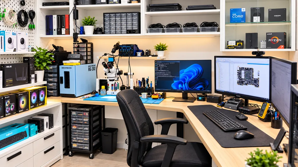 Le poste de réparation, avec microscope binoculaire et station de soudure